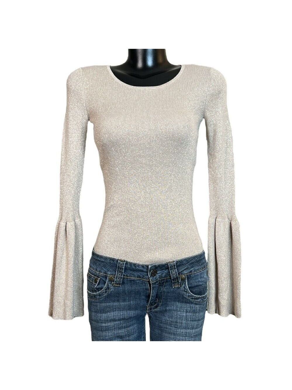 Hinge NEW Womens Bell Sleeve Sweater sz Small Beige Oatmeal Cream Metallic Gold